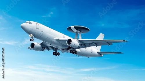 AWACS Airborne Warning and Control System military radar airplane low angle view flying in a blue sky background. Modern military jet airplane.