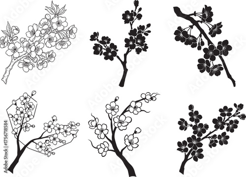 Cherry blossom branch vector set, floral silhouette, Japanese sakura art, spring botanical illustration, minimalist flower design, nature clipart, black graphic elements