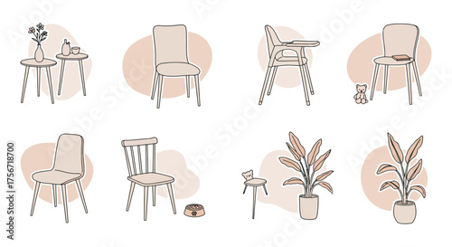 Cozy home decor illustrations cute furniture and plants for interior design blogs showcasing simple living and modern minimalist design elements.