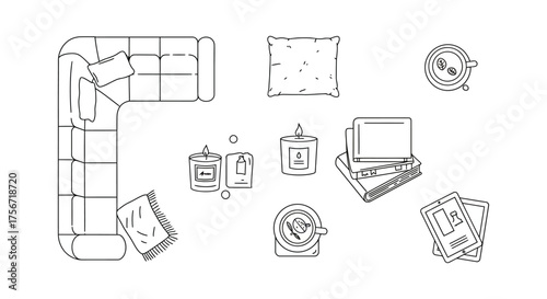 cozy interior arrangement sectional sofa throw blanket books drinks and candles ideal for a lifestyle or home decor blog offering warmth and relaxation.