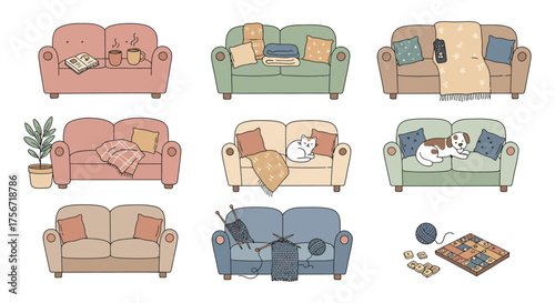 cozy sofa scenes furniture with books cats dogs  knitting perfect for illustrating home comfort relaxation and domestic life concepts