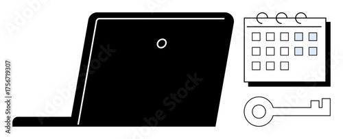 Open laptop next to a calendar and key representing digital planning, security, access control, time management, productivity, organizational tools, remote work. Ideal for innovative, simple flat