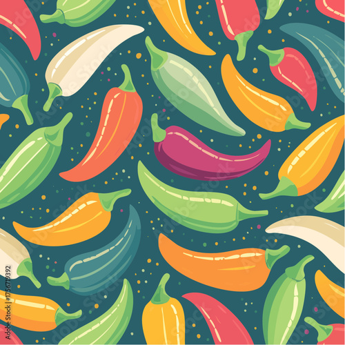 Hot pepper pattern. Seamless print of colorful spicy capsaicin, abstract vintage whole chili cayenne jalapeno habanero peppers
