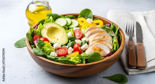 healthy grilled chicken avocado salad fresh vegetables