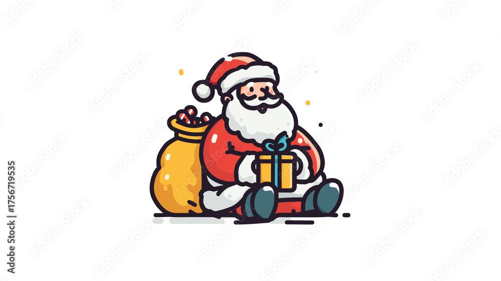 Obraz premium Cheerful Santa Claus cartoon sitting with gift and sack, surrounded by festive elements. whimsical illustration captures joyful spirit of Christmas with playful style