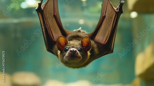 A bat with four wings and a humanlike gaze, hanging upside down in a glass enclosure
