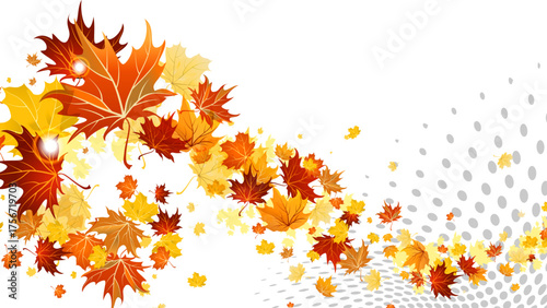 Autumn Leaves in a gust of wind, painting a beautiful scene. The leaves are various shades of red, orange, and yellow, and the wind is gently blowing them across the view