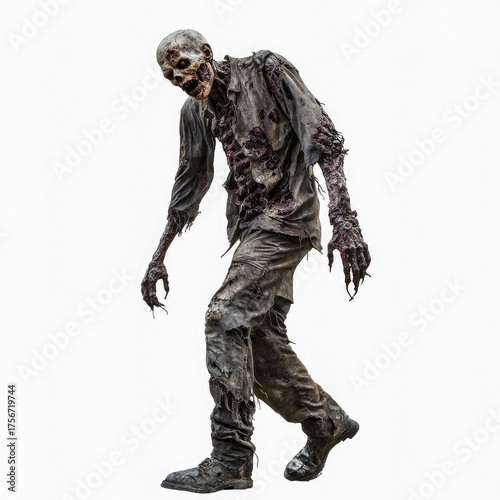 A zombie walking towards the camera with a white background.