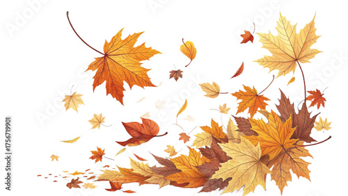 Autumn leaves dancing gracefully in the wind, showcasing vibrant colors and delicate textures.