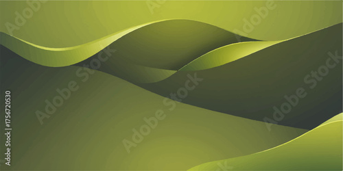 Abstract green background with waves, featuring a vector illustration of a nature landscape with grass and a hint of blue sky