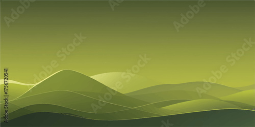 Abstract vector illustration of a sunny summer landscape with green hills, grass, and blue sky with clouds