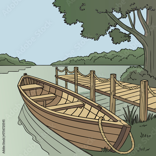 Rowboat at Lakeside: A tranquil lakeside scene features a wooden rowboat gently docked beside a weathered pier, the calm water reflecting the surrounding trees and the serene sky above.