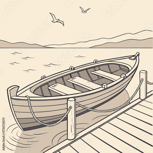 Serene Boat at Dock: A picturesque wooden boat peacefully rests at a wooden dock, the calm water reflecting the surrounding landscape, a testament to tranquility and the simple pleasures of life.
