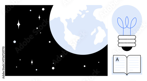Earth floating in space alongside a glowing light bulb and open book, symbolizing knowledge, creativity, learning, and innovation. Ideal for education, science, sustainability, discovery