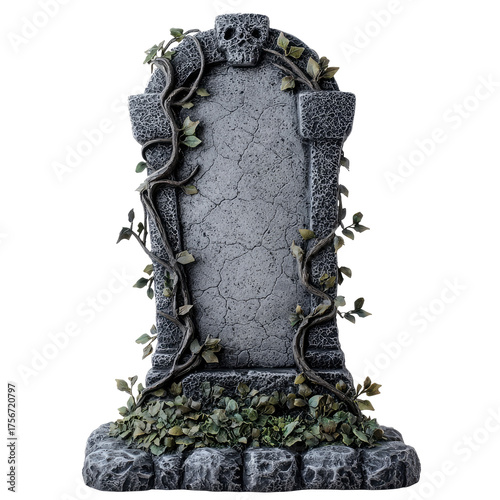 A tombstone with a skull and vines on it.