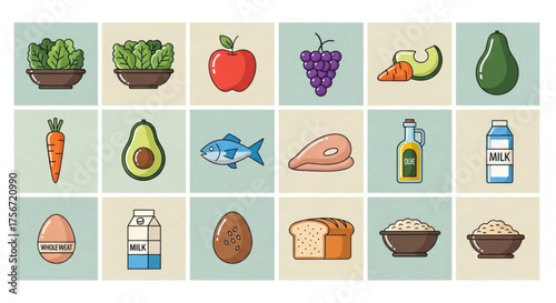 A colorful illustration showcasing a variety of healthy food options, including fruits, vegetables, proteins, and dairy products, on a light background