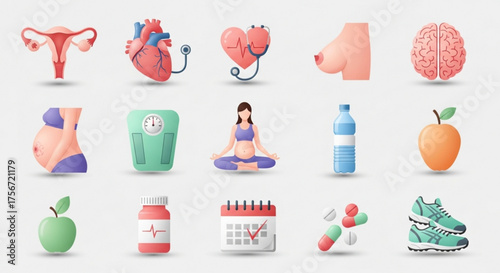 Realistic 3d health and wellness icons, featuring reproductive health, heart, pregnancy, scales, yoga, water, apple, pills, calendar, and shoes