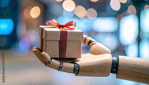 Close-up of Wooden Robot Hand Holding a Minimal Gift Box 