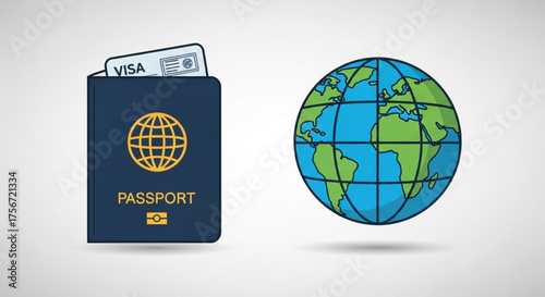 Passport with visa and globe icon travel document for identification and international journey, world map symbol
