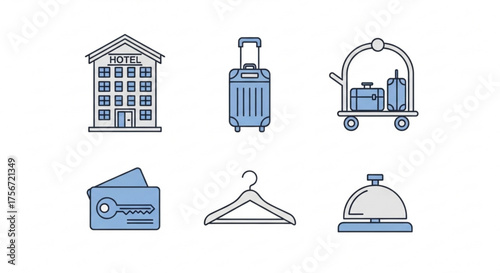 Hotel and travel icon set building, luggage, cart, key card, hanger, and bell for hospitality, tourism, and service