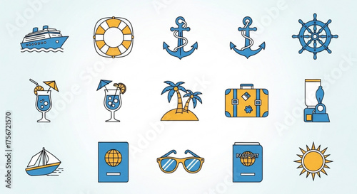 Collection of summer vacation icons, featuring cruise ship, lifebuoy, anchor, steering wheel, cocktail, palm tree, suitcase
