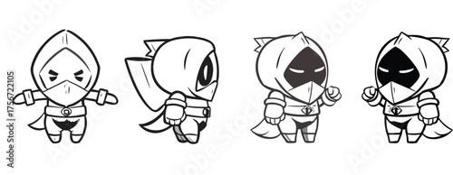 Cute cartoon assassin character design sheet showcases adorable ninja in multiple poses for animation and game development, perfect for kids' illustration