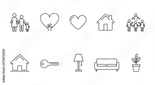 Collection of family and home icons, depicting love, security, and domestic life in a simple and minimalist style