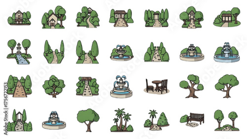 Outdoor Garden Silhouette Icon Set – Realistic Vector Illustrations of Trees, Shrubs, Pathways, Fountains, and Patio Furniture for Landscape and Exterior Design