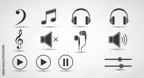 A sleek set of music icons, , featuring essential audio elements for music enthusiasts and design projects