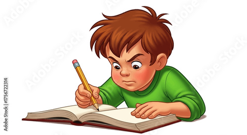 Determined cartoon boy writing intensely in a book with a pencil.
