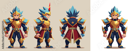 Dynamic character design featuring a powerful warrior in ornate armor, perfect for game development or animation projects requiring fantasy characters