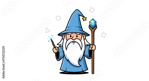 Cute old wizard character with a magic wand and crystal staff illustration.