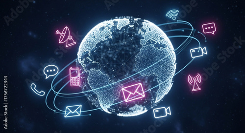 Abstract global network with glowing icons, symbolizing digital communication and worldwide connectivity, representing the interconnectedness of modern technology