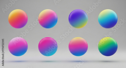 Set of eight colorful gradient spheres, creating a smooth transition of hues in a modern and visually appealing style