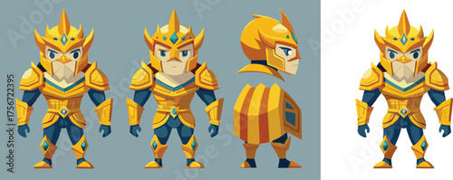 Illustrative golden knight character poses for game design projects, showcasing a fierce warrior ready for battle, perfect for fantasy narratives