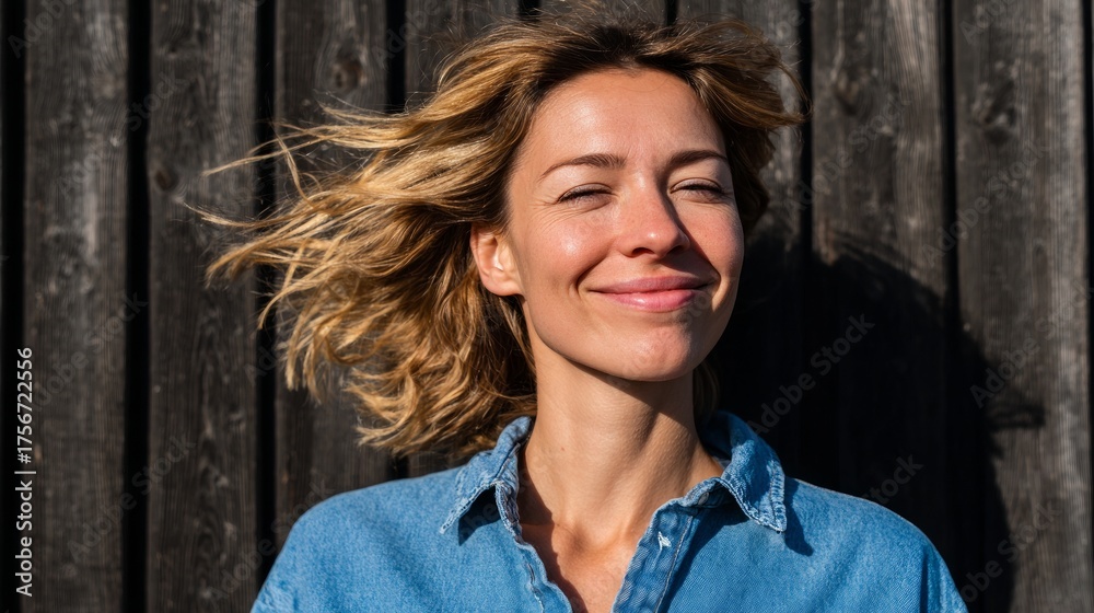 Fototapeta premium Woman blowing wind-kissed hair, smiling, outdoors, daylight.