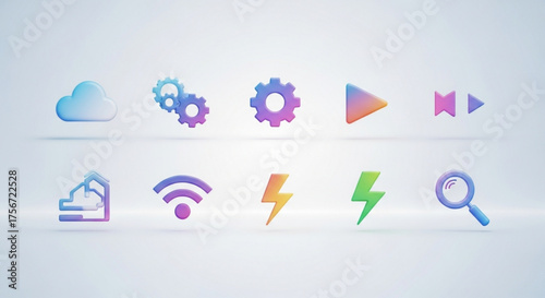 Glassmorphism style icon set featuring cloud, settings, play, wifi, lightning, and search icons on a soft, blurred background
