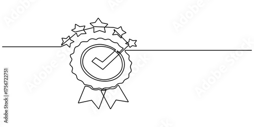 one continuous line art  award badge, award badge line drawing, medal with ribbon illustration, continuous line vector icon, continuous ribbon badge icon