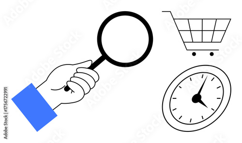 Hand with magnifying glass examining clock and shopping cart, symbolizing research, efficiency, and consumer decisions. Ideal for analysis, strategy, e-commerce, logistics, planning productivity