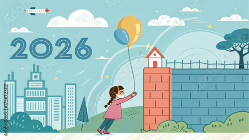 Child with balloons walks down hallway with colorful year numbers on wall