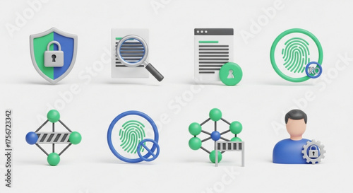 A set of 3d privacy and security icons, showcasing data protection, user authentication, and network security solutions