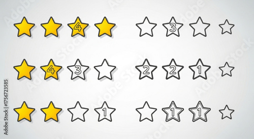 Set of rating stars contains icons like five, four, three, two and one star rating for customer satisfaction