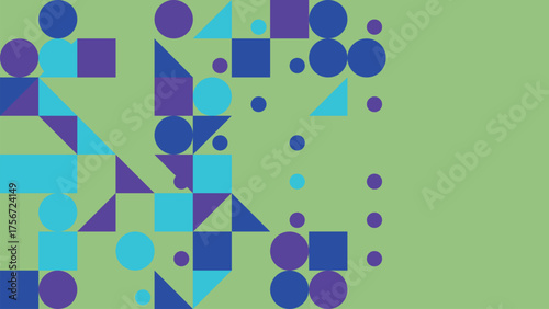 Geometric Shapes on Green Background Abstract Design with Colorful Patterns