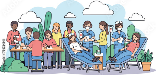 An illustration depicts a blood donation drive with medical professionals assisting donors in a medical center, showcasing the act of giving blood for a good cause and community health.