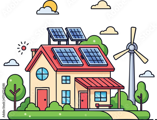 A vibrant illustration showcases a sustainable home powered by solar panels and a wind turbine, promoting eco-friendly living and renewable energy in a sunny environment.