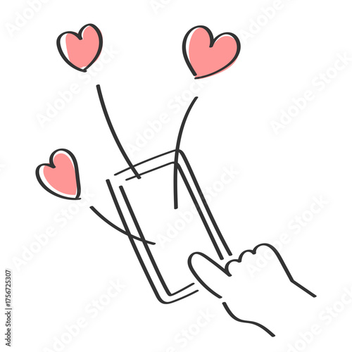 いいねするスマートフォンと指の線画イラスト