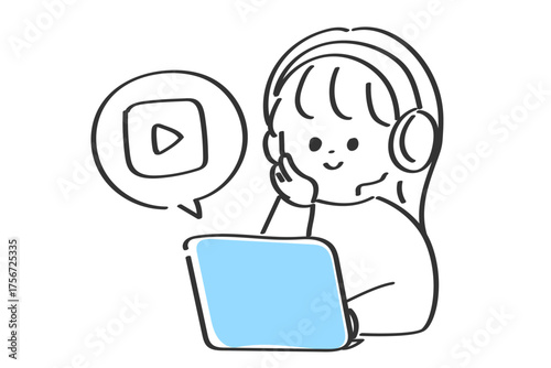 ノートパソコンで動画視聴を楽しむ女性のイラスト