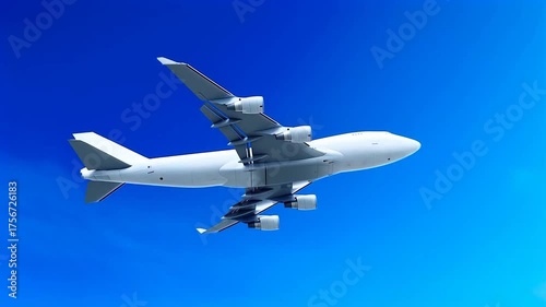 White cargo airplane Boeing 747 flying ascending above the clouds in a blue sky background. Low angle double decker aircraft with four engine. Modern passenger jet airplane.