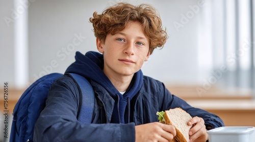 Boy eating sandwich at table in cafeteria.