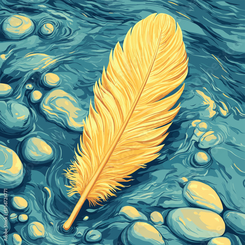 Golden feather bobbing atop flowing river, near pebbled shore and rippling current , vector style simple color